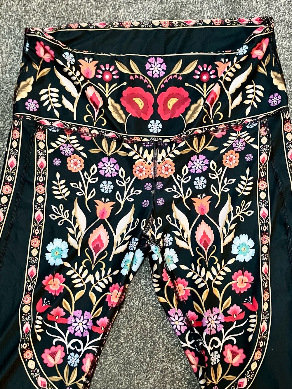 Yoga Democracy Sz XL Black Floral Bell-Bottom Leggings Fold-Over Waist Women’s - Picture 2 of 8